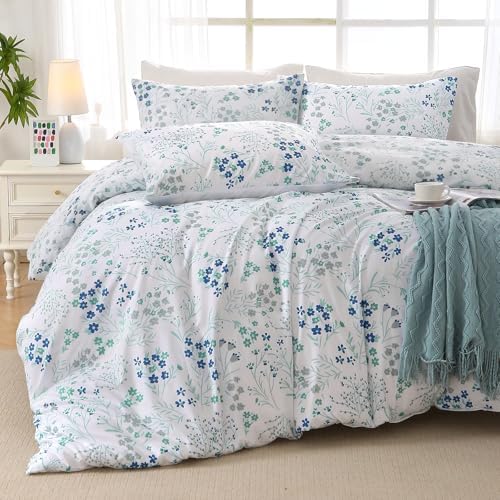 MUXHOMO Blue Flower Full Comforter Set, Elegant Floral Print Bed in a Bag 7 Pieces, Ultra Soft & Breathable Reversible Botanical Pattern Bedding Set with Comforter, Sheets, Pillowcases, and Shams