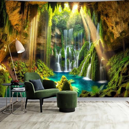 FENDROM Waterfall Tapestry Tropical Forest Mountain Sunset Cave Stone Wall Hanging Scenic Rainforest Landscape Nature Sunrise Headboard for Bedroom Living Room Home Decor