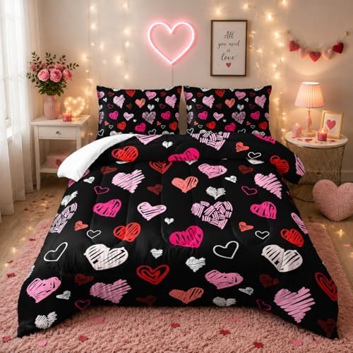 Nttopship Love Comforter Sets King Size，Love Valentines Day Romantic Soft Bedding Set Pink Watercolor Kawaii Bedding Cartoon Heart Bedroom Decor Comforter with 2 Pillowcases