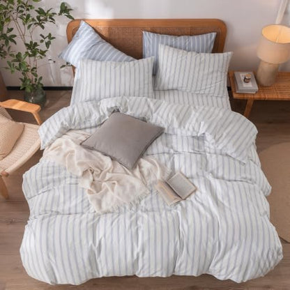 BESTOUCH Striped Cotton Duvet Cover Set Linen Feel Oversized Queen