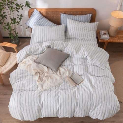 BESTOUCH Striped Cotton Duvet Cover Set Linen Feel Super Queen