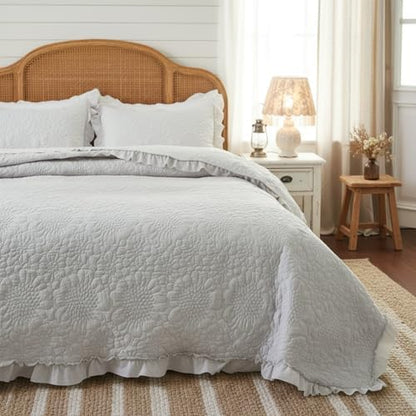 BOV Dark Grey Farmhouse Quilt Set Queen,Ruffled Stone-Washed Bedding