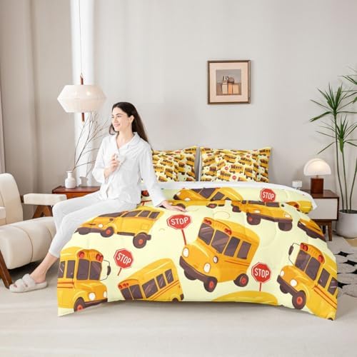 Erosebridal School Bus King Bed in A Bag for Kids, Cartoon Truck Comforter Set with Sheets for Boys Girls Teens Youth Bedroom Decor, School Theme 7 Pcs Bedding Set, Yellow Vehicle Bed Sets