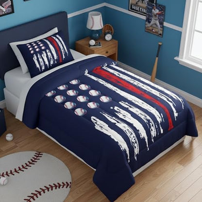 Castle Fairy Kids Baseball Gaming Comforter Set Twin Size Navy Blue Bedding Set for Boys Girls Teens Bedroom Decor American Flag Coverlet Set Women Men Ball Games Quilt Set with 1 Pillow Case