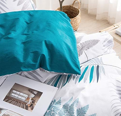 SLEEPBELLA Comforter King Size, 600 Thread Count Cotton Blue Floral with Khaki & Grey Leaves Pattern White Reversible Comforter Set,Down Alternative Bedding Set 3Pcs(King, Blue Botanical)