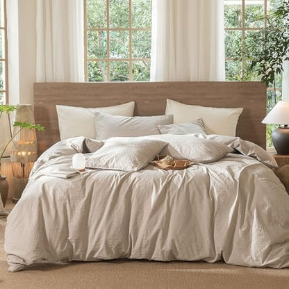 MooMee Wavy Striped Duvet Cover Set 100% Washed Cotton Linen Like Textured Breathable Durable Soft Comfy (Beige, Super Queen 90"x98")