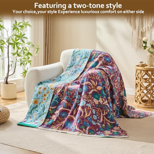 VANJOROY Boho Throw Blanket, 100% Organic Cotton Breathable Skin-Friendly Ultra Soft 80" x 90" Bed Quilt Blue Throw - Floral Rustic Luxury Reversible Blanket for Sofa Couch Chair and Gift,