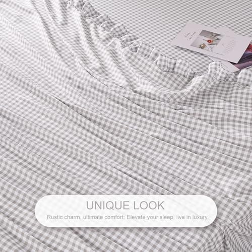 Gingham King Sheet Set, Lightweight Super Soft Brushed Microfiber Plaid Bed Sheets with 16" Deep Pocket, 4 Piece Ruffle Farmhouse Bedroom Decor, Gray