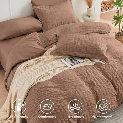 HYMOKEGE Mocha Brown Full Size Comforter Sets Seersucker 7 Pieces, All Season Luxury Bed in a Bag for Bedroom, Bedding Set with Comforter, Sheets, Pillowcases & Shams