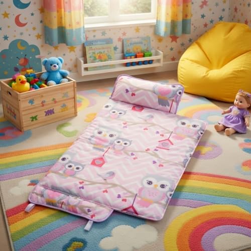 EVERYDAY KIDS Nap Mat with Removable Pillow - Carry Handle with Straps Closure, Rollup Design, Soft Microfiber for Preschool, Daycare, Travel Sleeping Bag - Sweet Owls