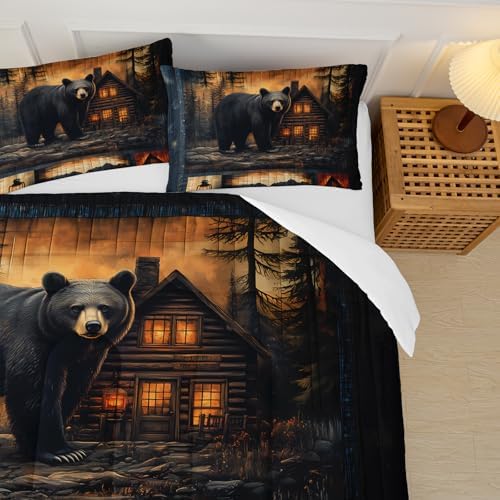 Black Bear Comforter Set Full Size for Boys Kids,Rustic Theme Woodland Cabin Lodge Bear Hunting Bedding Set,Soft Microfiber Wildlife Forest Animals Print Quilt Set