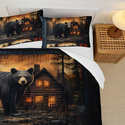 Black Bear Comforter Set Full Size for Boys Kids,Rustic Theme Woodland Cabin Lodge Bear Hunting Bedding Set,Soft Microfiber Wildlife Forest Animals Print Quilt Set