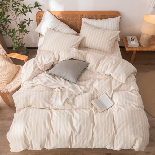 BESTOUCH Striped Cotton Duvet Cover Set Linen Feel Super King Plus