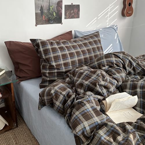 mixinni Vintage Blue & Brown Buffalo Plaid Comforter Set California King Size - 3-Piece Washed Cotton Soft Geometric Checkered Pattern Bedding Set for All-Seasons Lightweight & Breathable
