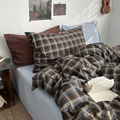 mixinni Vintage Blue & Brown Buffalo Plaid Comforter Set California King Size - 3-Piece Washed Cotton Soft Geometric Checkered Pattern Bedding Set for All-Seasons Lightweight & Breathable