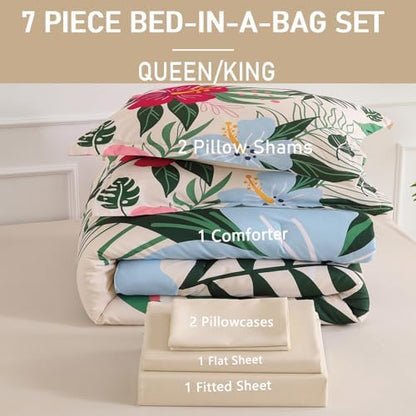Yogeneg 7 Piece Bed in a Bag King Size Comforter Set Beige Bedding Set,Pink Floral Green Leaves Pattern Reversible Design,Soft Microfiber Comforter with Sheet Set,All Season(Beige,King)