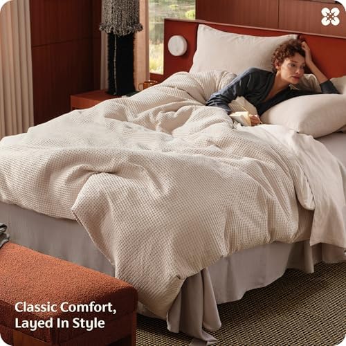 Bedsure PureWoven Cotton Waffle Weave Duvet Cover, Beige, Duvet Cover Only