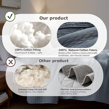 palassio Striped Blue Grey 100% Cotton Quilt Queen Size Bedding Sets, Lightweight Crinkly Channel Pick Stitch Textured Bedspread Soft Shabby Chic Farmhouse Country Coverlet for All Season, 2 Shams