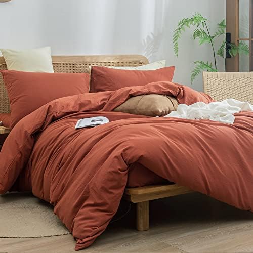 BESTOUCH Cotton Solid Duvet Cover Set Linen Feel Crimson Red Twin