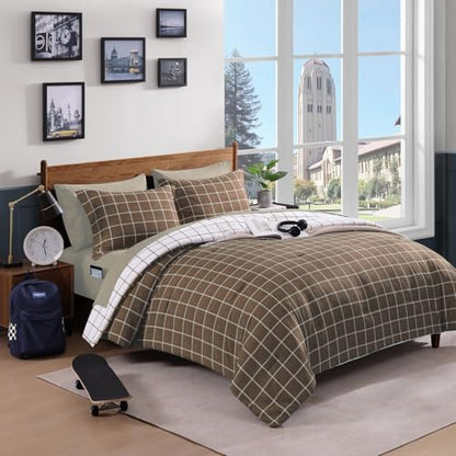 Plaid Twin XL Comforter Set Brown 5 Pieces Bed in a Bag for College Dorm