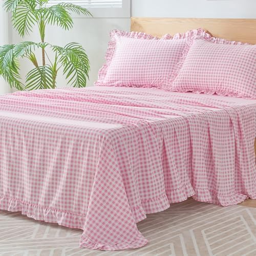 Gingham King Sheet Set, Lightweight Super Soft Brushed Microfiber Plaid Bed Sheets with 16" Deep Pocket, 4 Piece Ruffle Farmhouse Bedroom Decor, Pink