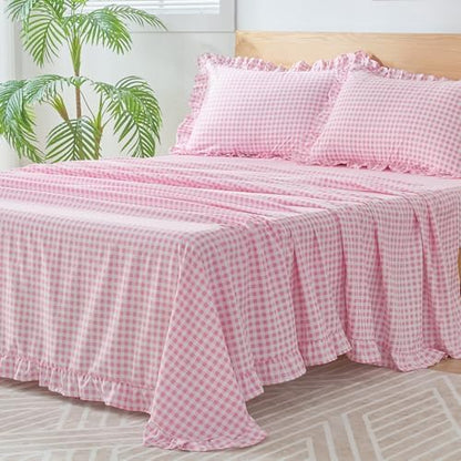 Gingham King Sheet Set, Lightweight Super Soft Brushed Microfiber Plaid Bed Sheets with 16" Deep Pocket, 4 Piece Ruffle Farmhouse Bedroom Decor, Pink