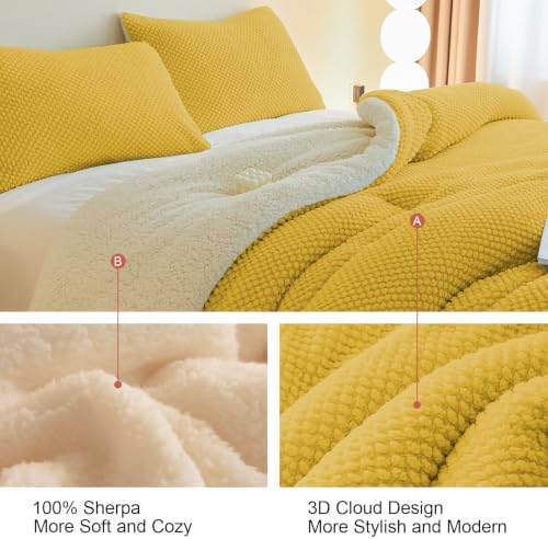 LLanCL 3D Jacquard Design Comforter Set, Ultra-Soft Warm Twin Size Sherpa Fur Plush 2-Pieces Sets Luxury Cozy Bedding with 1 Pillowcase (68"x90", Mustard Yellow)