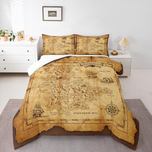 Nautical Map Comforter Set Twin Size,Pirate Boat Compass Bedding Set 2Pcs,Kids Boys Teens Adult Bedroom Decor Ocean Adventure Quilt Set Vintage Brown Duvet Insert with 1 Pillowcase