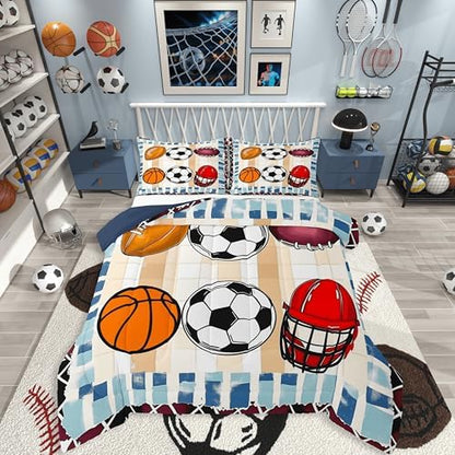 jejeloiu Ball Games Kids Comforter Set King Size Soccer Basketball Baseball Football Bedding Set Gaming Sports Duvet Quilt for Kids Boys Girls Bedroom Sports Theme Decor Microfiber Ultra Soft