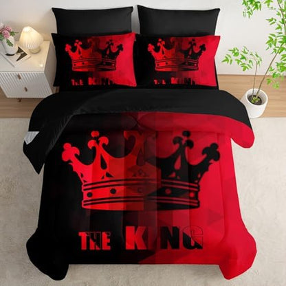 7Pcs Crown Comforter Set Black Red Gradient Art Printed Bedding Set with 1 Comforter, 1 Flat Sheet, 1 Fitted Sheet and 4 Pillowcases for Boys and Girls Bedroom All Season(Crown Twin