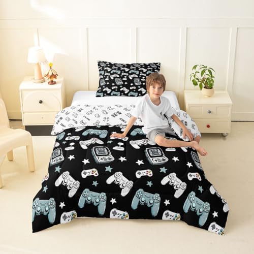 Castle Fairy Gamepad Twin Size Comforter Set,Video Gaming Black Duvet Set Soft Bed Collection,Kids Games Consoles Bedding Comforter for Boys Girls Bedroom,2 Pcs
