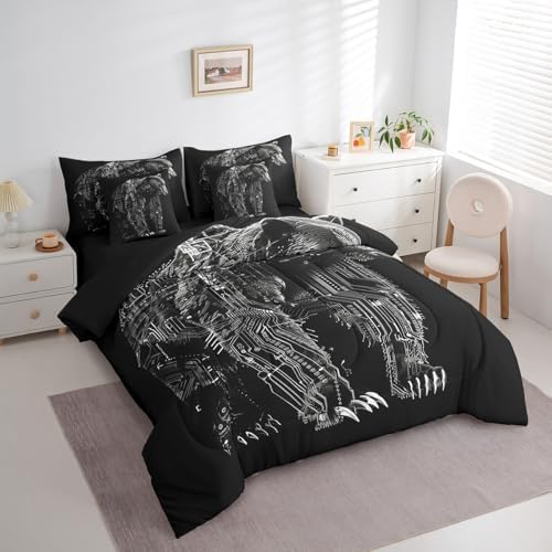 Erosebridal Boys Black Bear Bed in A Bag with Sheets Twin Robot Bear 7 Piece Comforter Set Modern Mechanical Animal Bedding Set,Cool Wildlife Bedding Comforter Sets for Kids Teens Men
