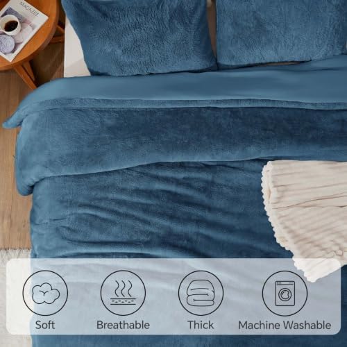 BEDELITE Faux Fur Queen Comforter Set Navy,Warm Bedding with 2 Pilowcases