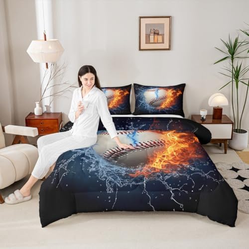 Baseball Comforter Set Twin Size for Teen Boy Room Decor, Fire and Ice Sports Baseball Down Comforter Kids Men Modern Sports Theme Quilted Duvet (1 Comforter Set + 1 Pillow Case), Red and Blue