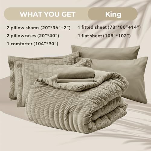 HYMOKEGE Linen King Size Comforter Set Seersucker 7 Pieces, All Season Luxury Bed in a Bag for Bedroom, Bedding Set with Comforter, Sheets, Pillowcases & Shams