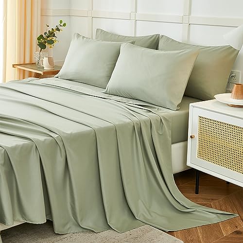 ILAVANDE Sage King Size Sheets Set 6 Piece,Super Soft 1800 Series Microfiber Bed Sheets King Set-Wrinkle & Fade Resistant-14“ Deep Pockets Sheets for King Size Bed(King,Sage Green)