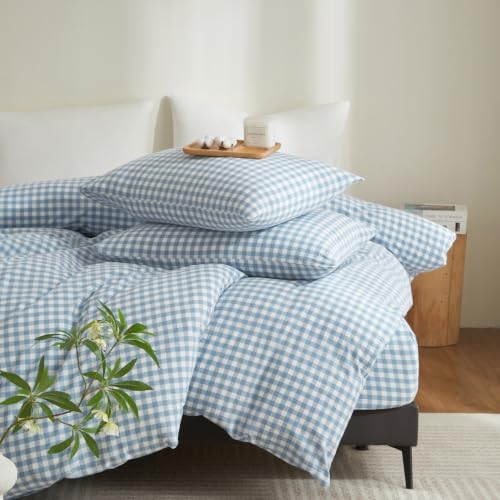Gingham Duvet Cover Set 3 Piece 100% Washed Cotton Linen Feel Modern Plaid Checkered Bedding Comfy Breathable (Blue/White Gingham, King)