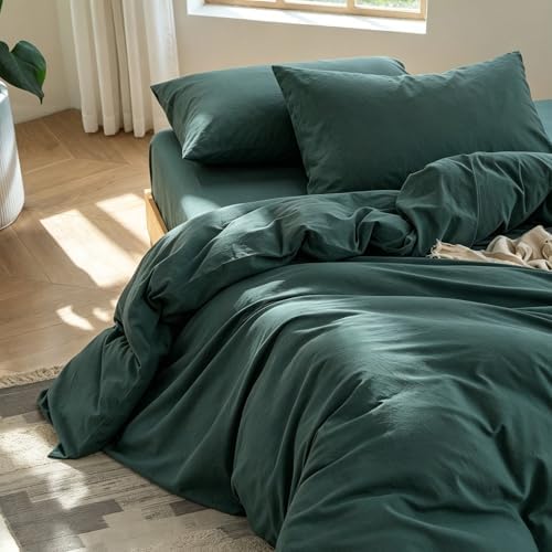 MooMee Bedding Duvet Cover Set 100% Washed Cotton Linen Like Textured Breathable Durable Soft Comfy (Solid Green, Queen 90"x90")