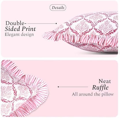 CPC Block Print Blush Rose Ruffle Cotton Lumbar Pillow Cover 12x20 inch