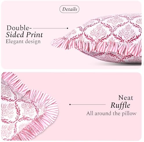 CPC Block Print Blush Rose Ruffle Cotton Lumbar Pillow Cover 14x36 inch