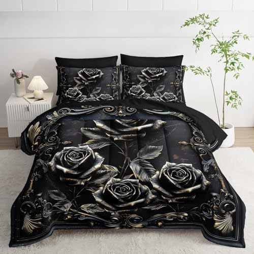 Comforter Set Queen Size Bed 7 Piece Roses，Black Queen Quilt Bedding Set Roses，Rose Bedroom Decor for Bed，(1 Comforter, 1 Flat Sheet, 1 Fitted Sheet, 2 Pillowcase and 2 Pillow Sham)