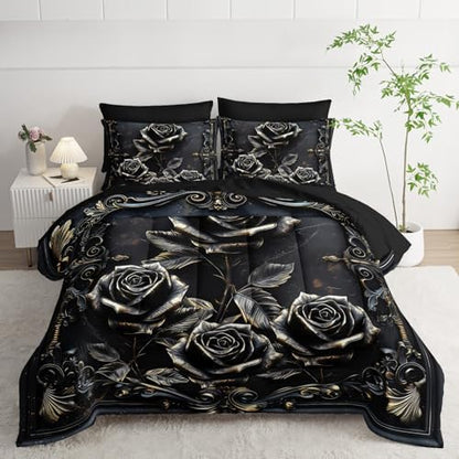 Comforter Set Queen Size Bed 7 Piece Roses，Black Queen Quilt Bedding Set Roses，Rose Bedroom Decor for Bed，(1 Comforter, 1 Flat Sheet, 1 Fitted Sheet, 2 Pillowcase and 2 Pillow Sham)