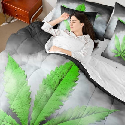 Erosebridal Leaves Comforter Set Leaf Bed in A Bag Queen Size 7 Pieces Botanical Plant Bed Set Room Decor Grey Grunge Style Bedding with Sheets