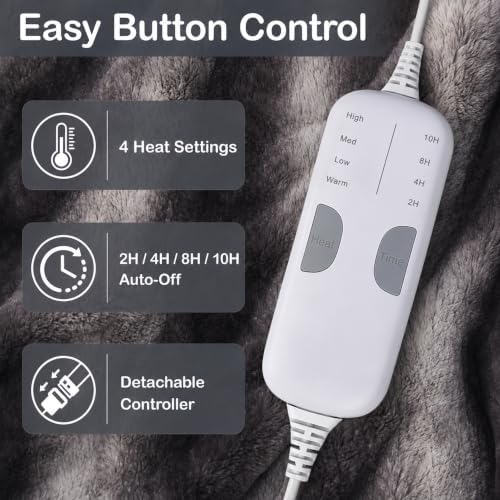 Eydna Electric Heated Blanket Throw Size 50"x60", Fast Heating Throw, Plush Faux Fur for Sofa & Office,4 Heating Levels & 4 Hours Auto Off, Machine Washable, Gifts for Womens-Gray White