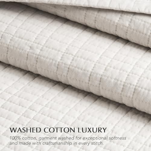 EverGrace 100% Cotton Modern Grid Stitch Quilt Set Queen Size, Bright White