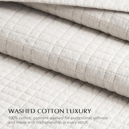 EverGrace 100% Cotton Modern Grid Stitch Quilt Set Queen Size, Bright White