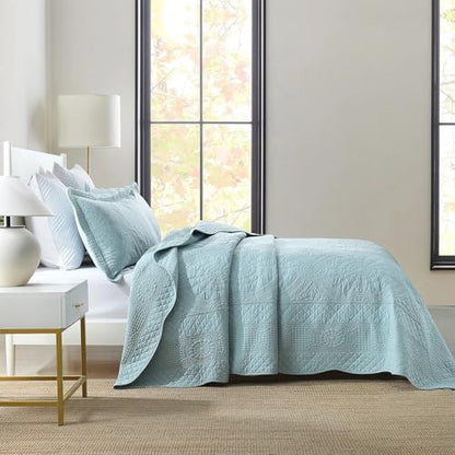 MarCielo 100% Cotton Quilt Set - 3-Piece Embroidered Farmhouse Bedspread & Shams, All-Season Breathable Bedding (Tf Aruba Blue, King)