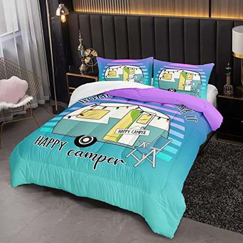 HOSIMA Happy Camping Decor Comforter Set,Cartoon Camper Bedding Queen Size for Kids Teen Girls Boys Room Decor,Camper Accessories for Travel Trailers Themed Bedding with 2 Pillowcases.