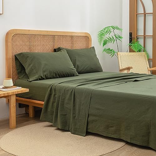 BESTOUCH Twin Washed Cotton Linen Feel Sheet Set 3pc Solid Olive Green