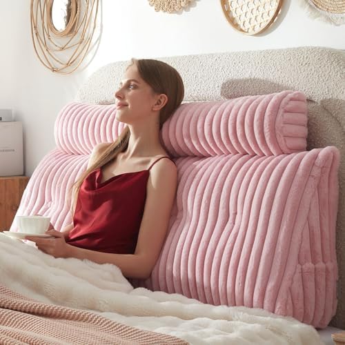 Headboard Pillow + A Long Neck Roll Pillow Body Pillow，Faux Fur Headboard Wedge Pillow with Removable Cover (Pink, Full：54x8x20 inches)